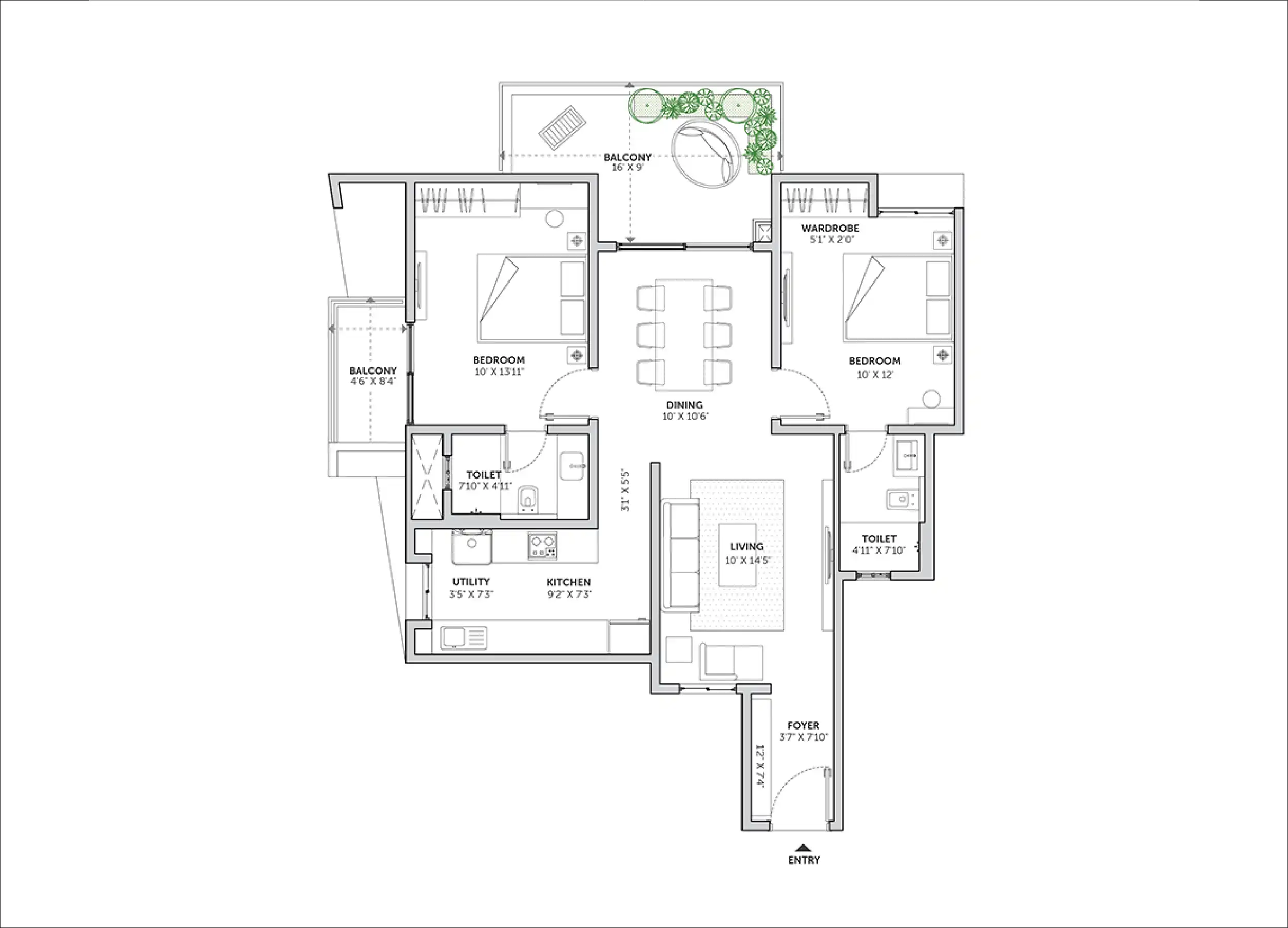 2 BHK Floor Plan
