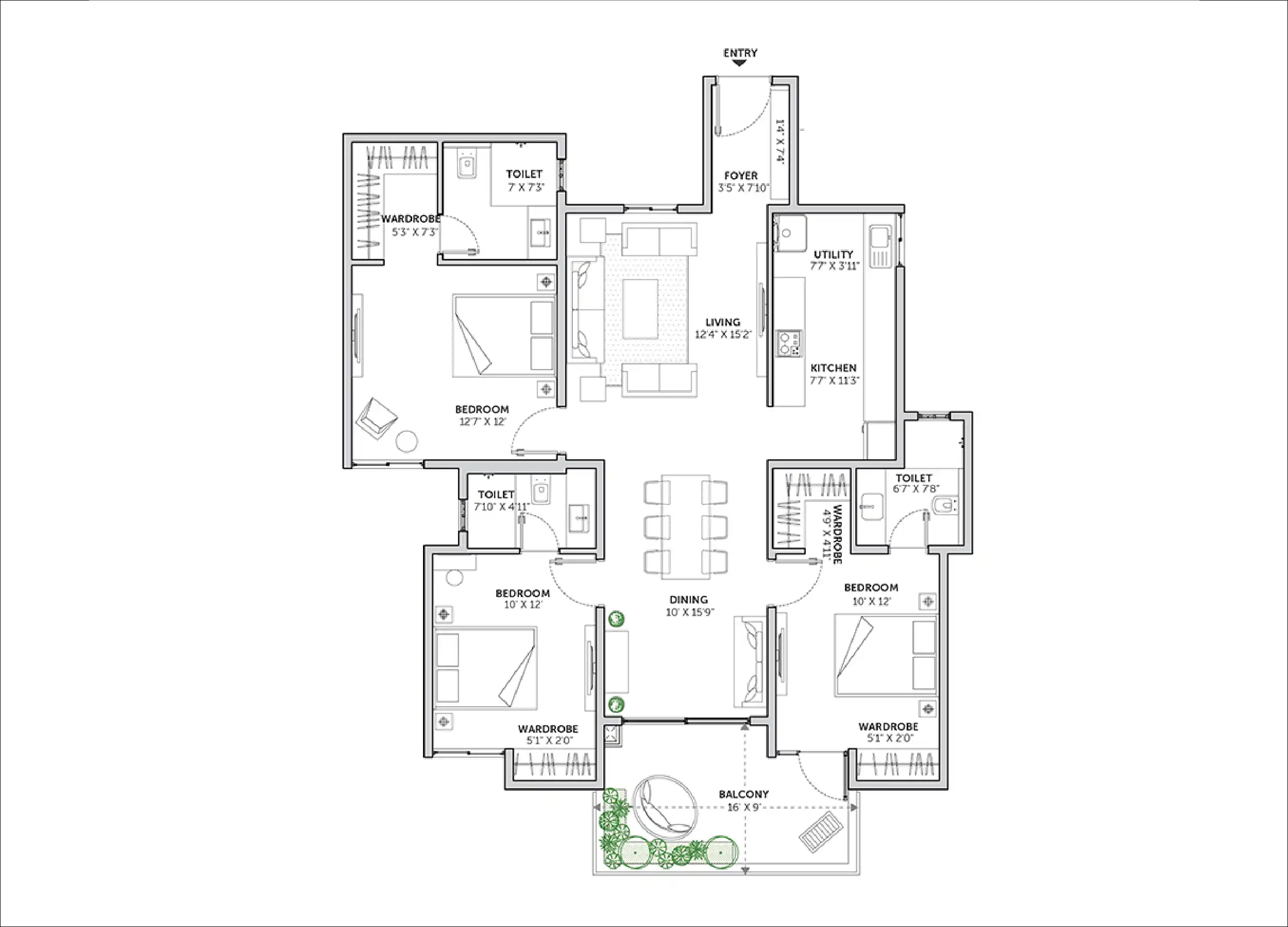 3 BHK Floor Plan