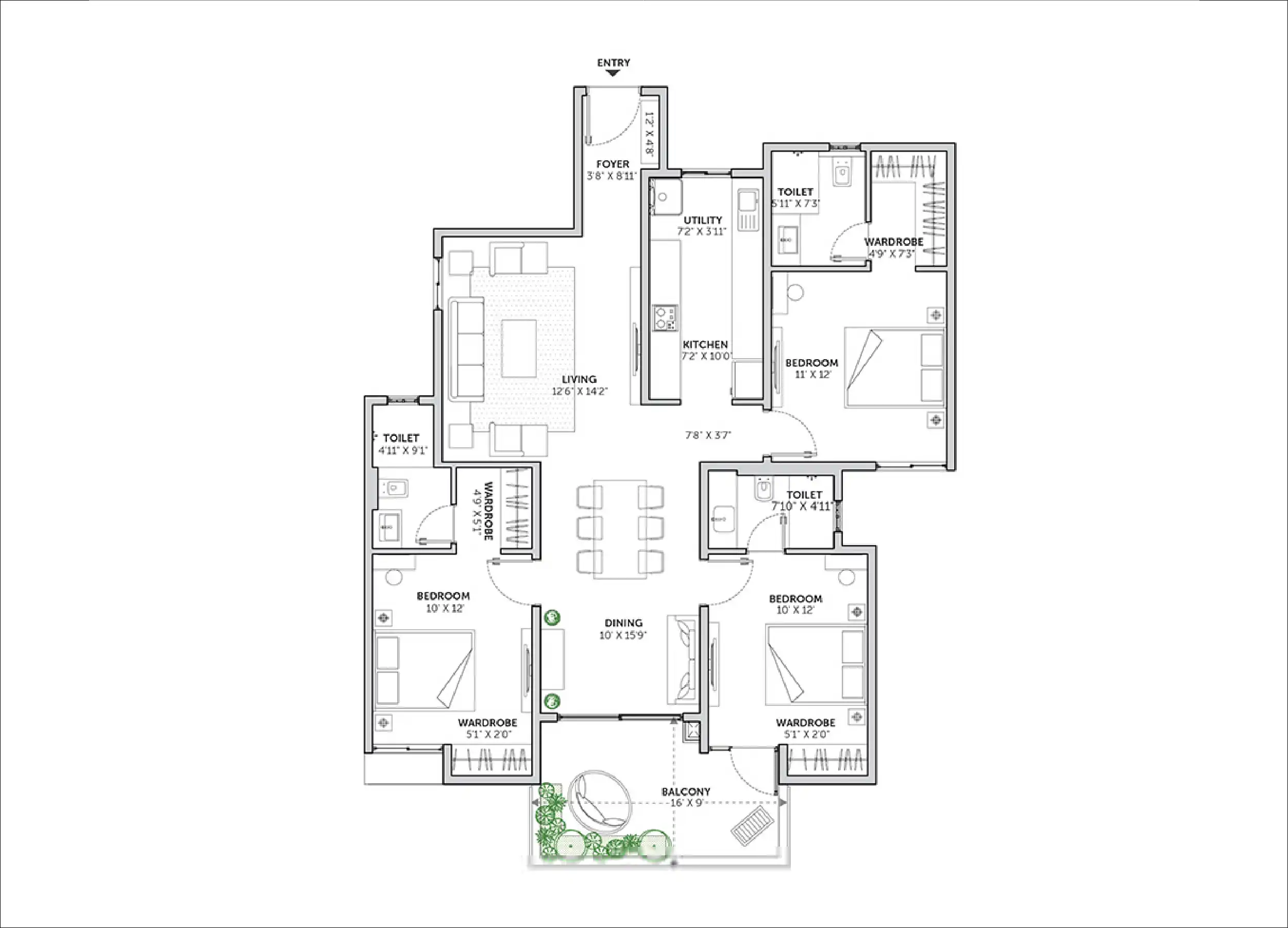 3 BHK Floor Plan